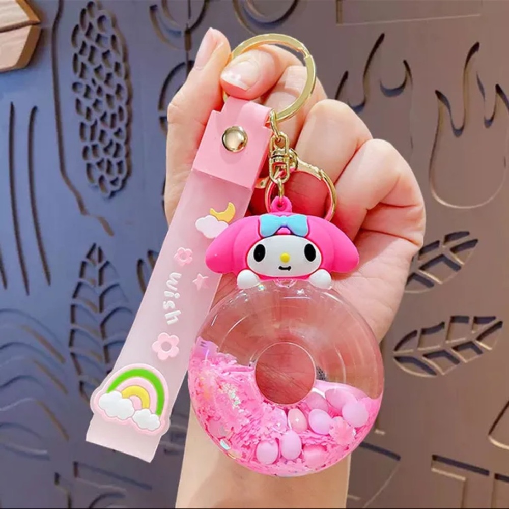 Sanrio My Melody Acrylic Glitter Quicksand Bottle Key Chain Bag Charm - Picture 4 of 7
